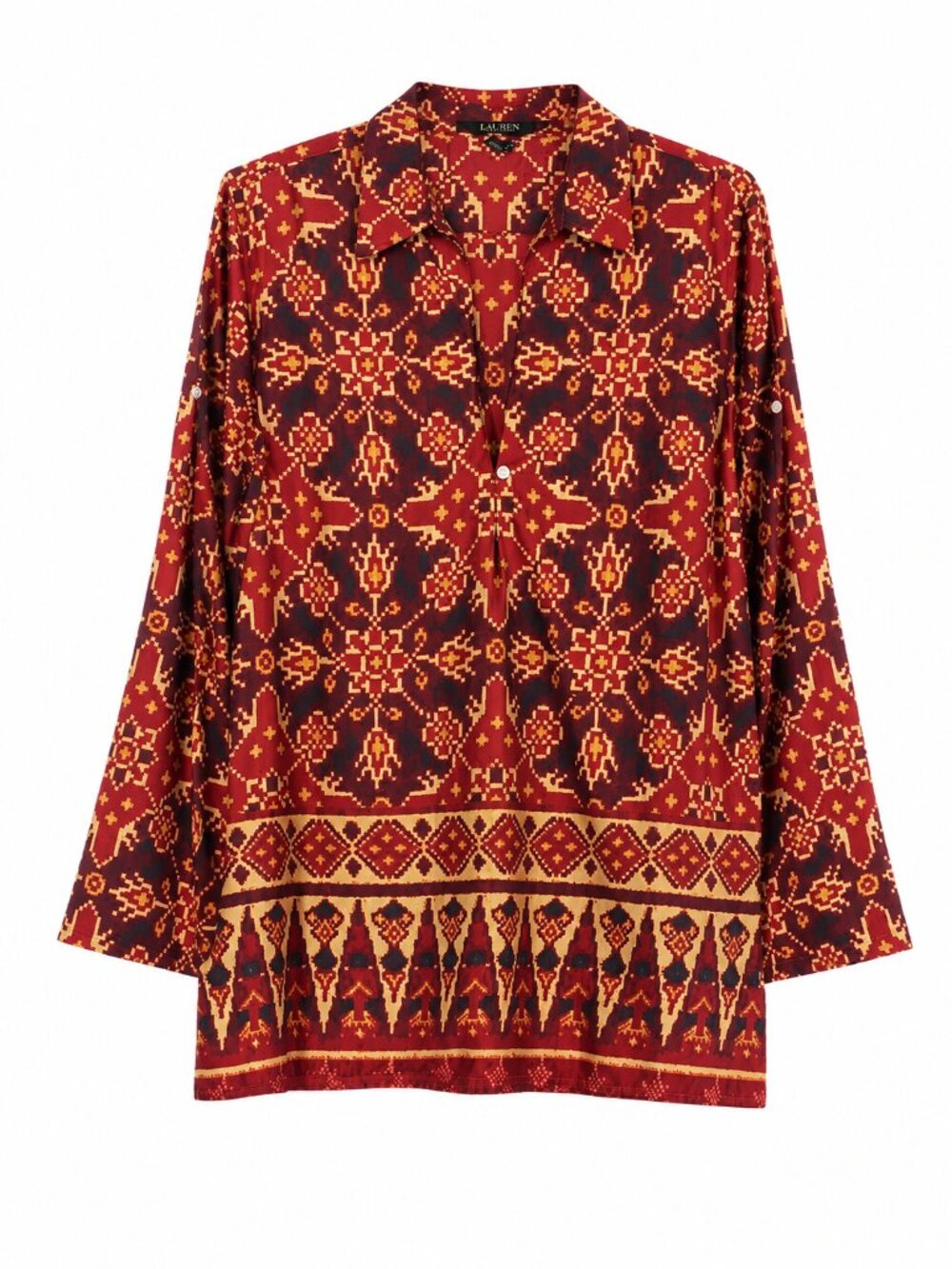LAUREN RALPH LAUREN Boho Western Retro Ikat Print  Tunic Blouse Size L